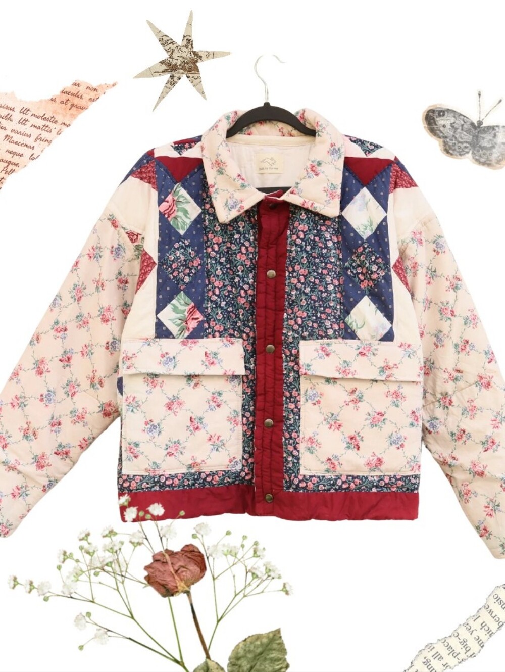 Upcycled Patchwork Quilt Coat Cream Burgundy Navy Floral L • XL